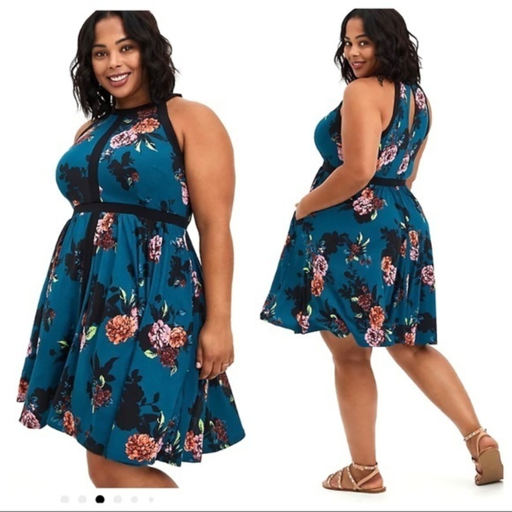 Torrid‎ 4X New HALTER SKATER PARTY DRESS - STUDIO KNIT FLORAL TEAL BLUE
